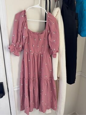 Pink Embroidered Midi Dress
